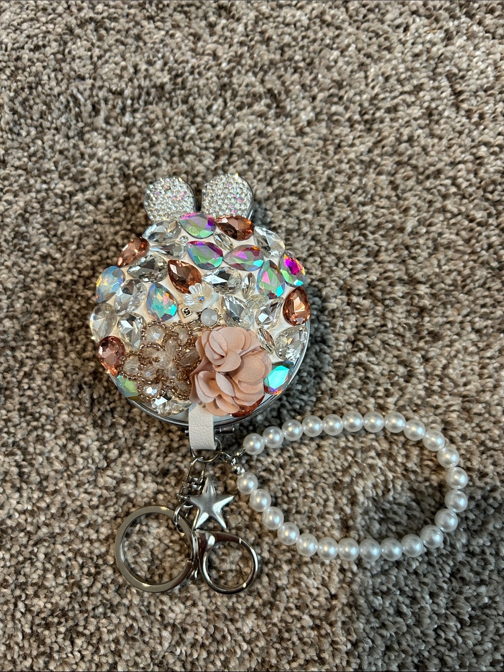 Sparkling Pink Floral Kids Keychain Wristlet - Rebel Athletic Bunny Mirror